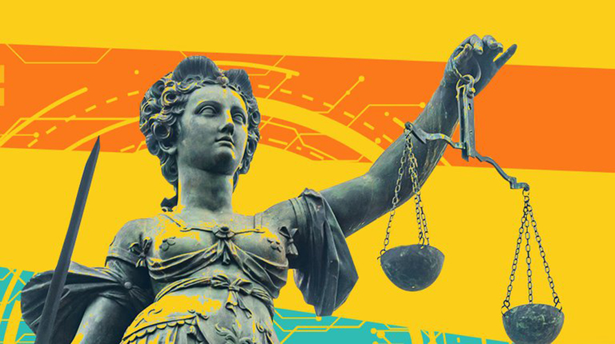 PIT-UN press image, statue of justice on yellow background